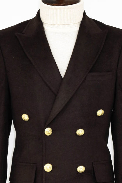 Brown Metal Buttoned Double Breasted Long Coat