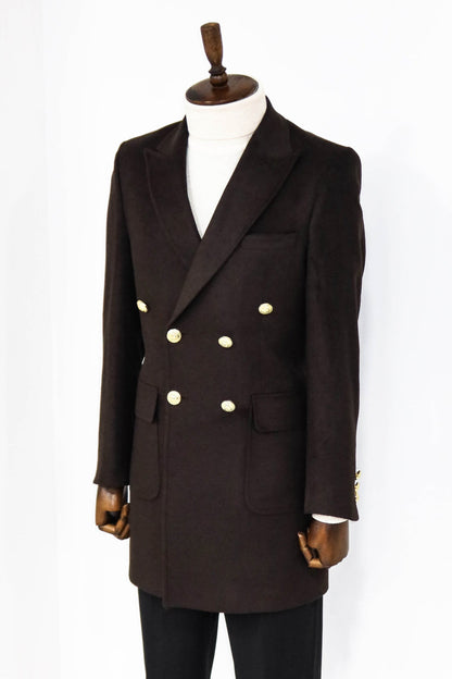 Brown Metal Buttoned Double Breasted Long Coat