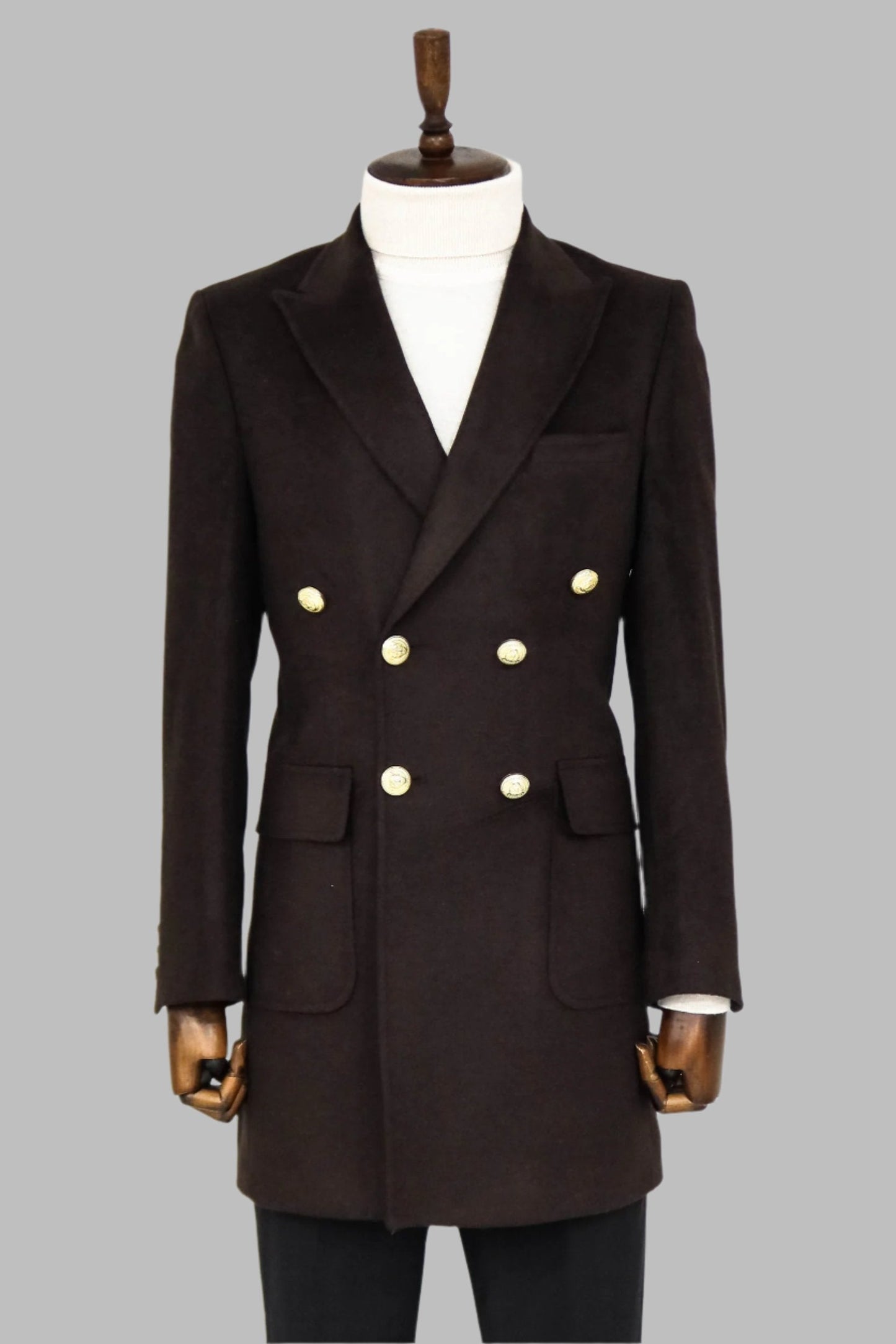 Brown Metal Buttoned Double Breasted Long Coat