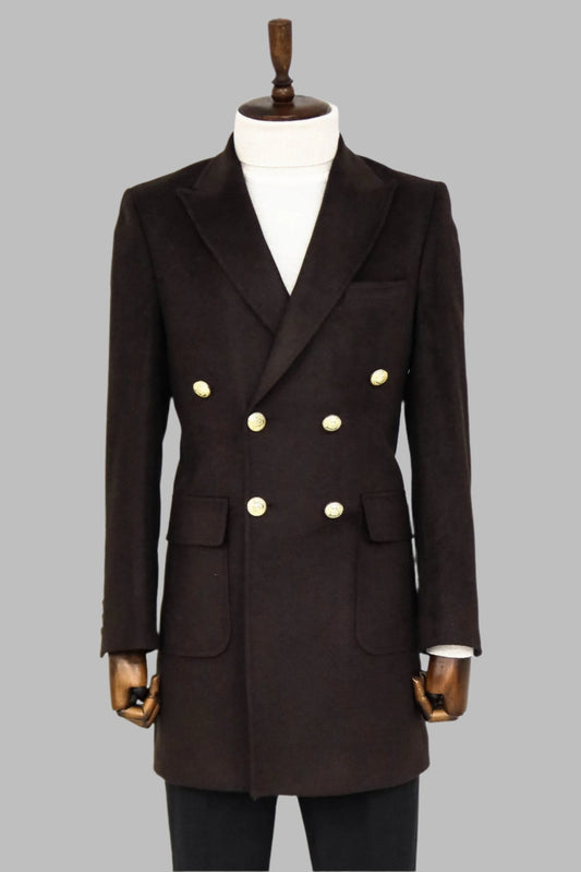 Brown Metal Buttoned Double Breasted Long Coat