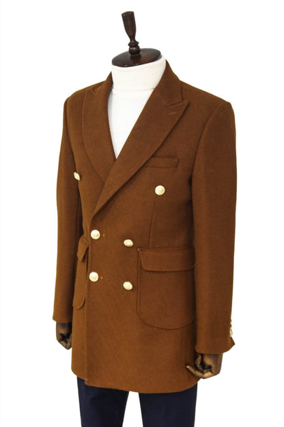 Metal Buttoned Double Breasted Tan Men Coat
