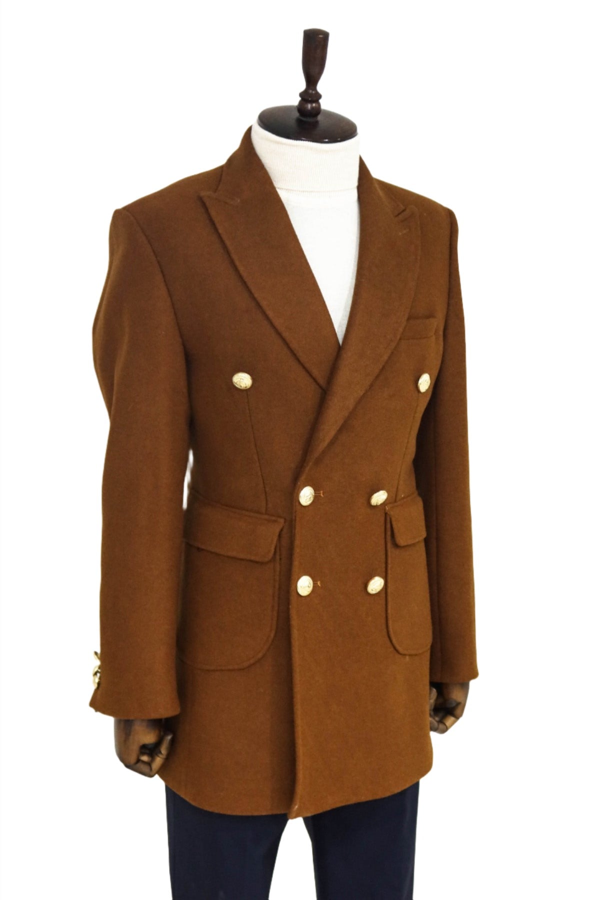Metal Buttoned Double Breasted Tan Men Coat
