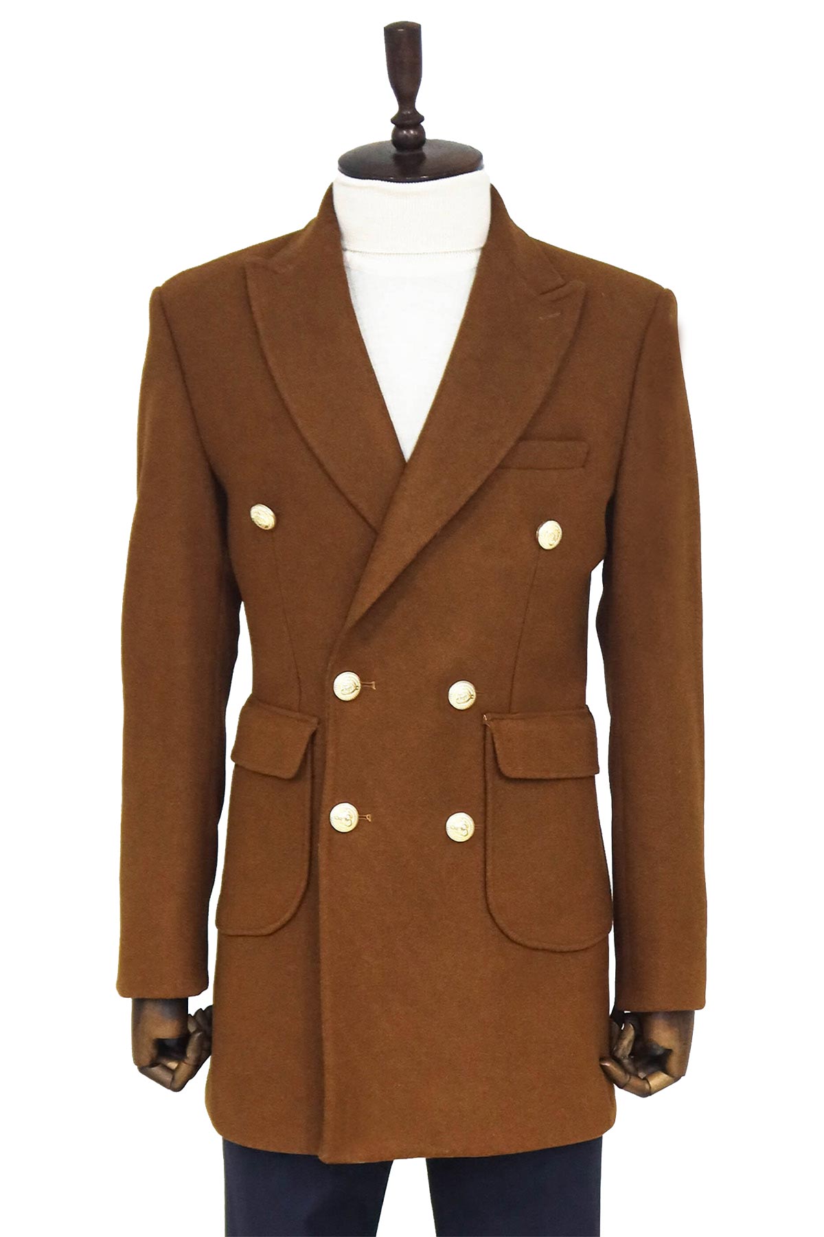 Metal Buttoned Double Breasted Tan Men Coat