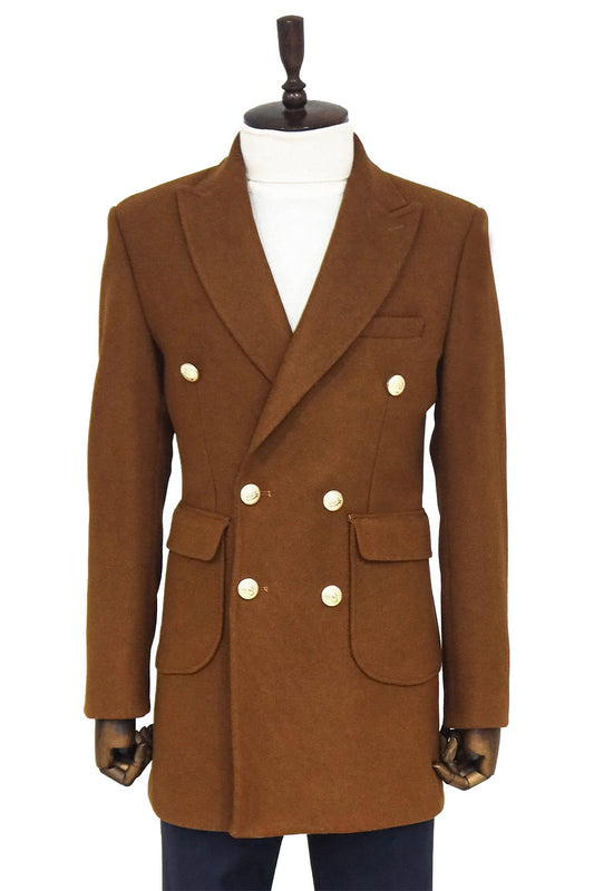 Metal Buttoned Double Breasted Tan Men Coat