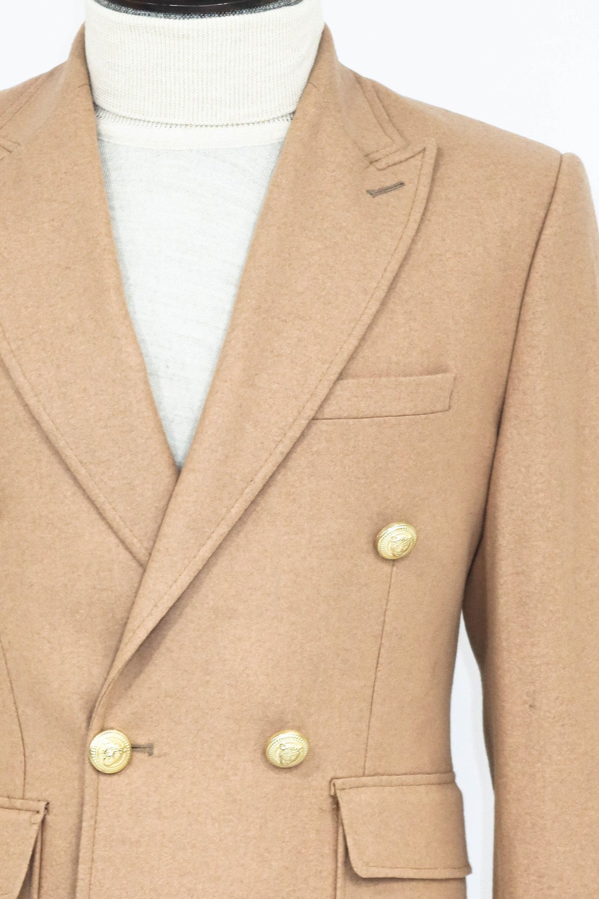 Metal Buttoned Double Breasted Cream Men Coat