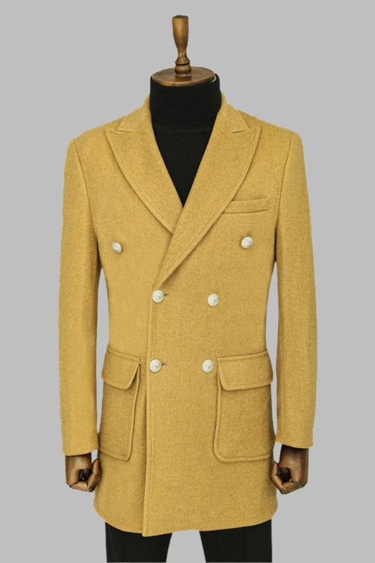Metal Buttons Wool Cashmere Tan Men Double Breasted Coat