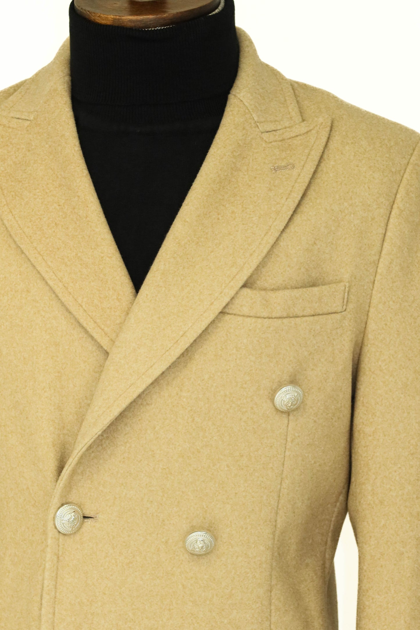 Metal Buttons Wool Cashmere Beige Men Double Breasted Coat
