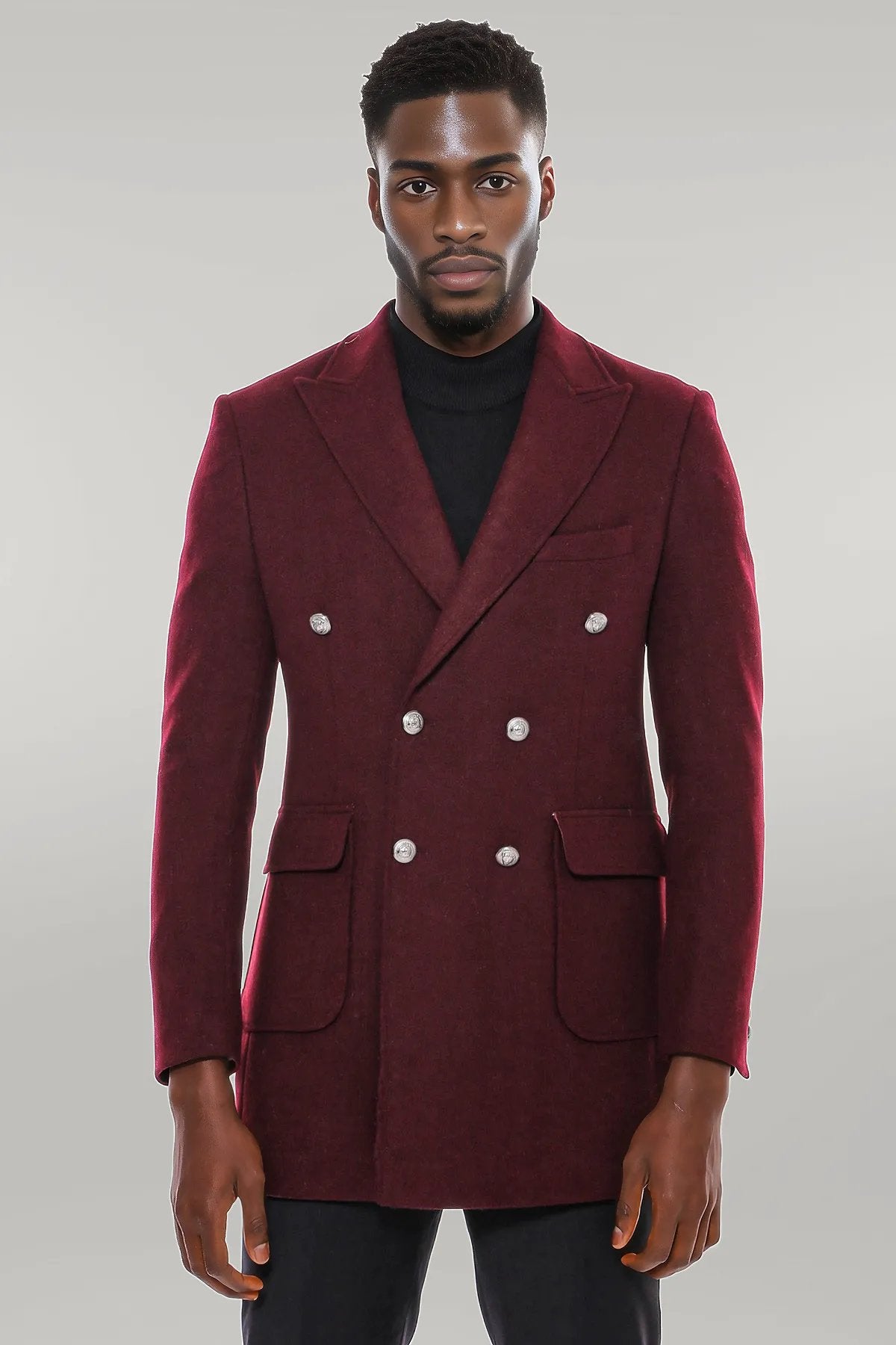 Metal Buttoned Double Breasted Burgundy Men Long Coat