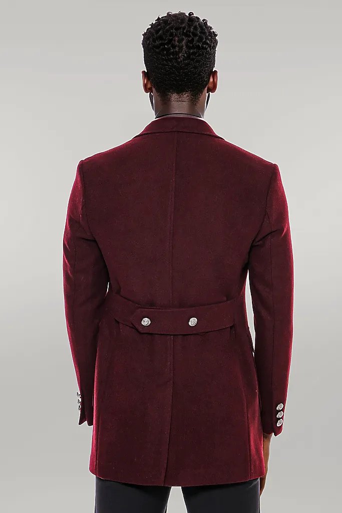 Metal Buttoned Double Breasted Burgundy Men Long Coat