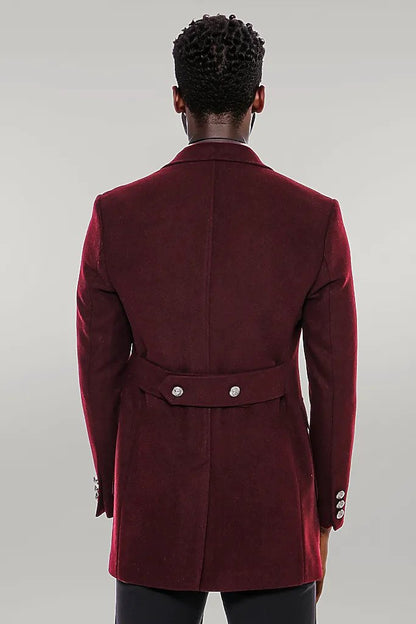Metal Buttoned Double Breasted Burgundy Men Long Coat