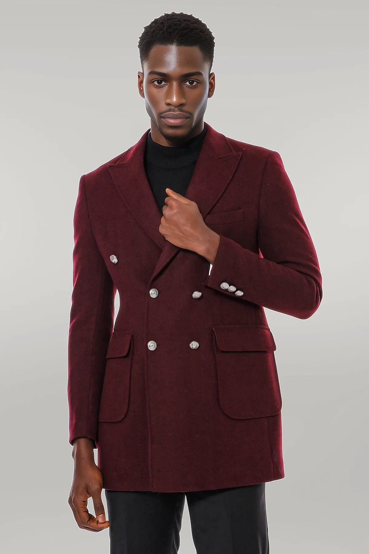 Metal Buttoned Double Breasted Burgundy Men Long Coat