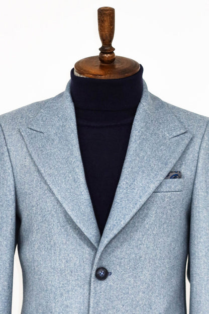 Wide Lapel Wool Light Blue Men Coat