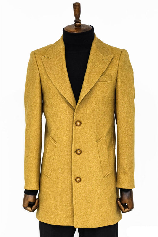 Wide Lapel Wool Mustard Men Coat