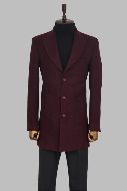 Wide Lapel Wool Burgundy Men Coat