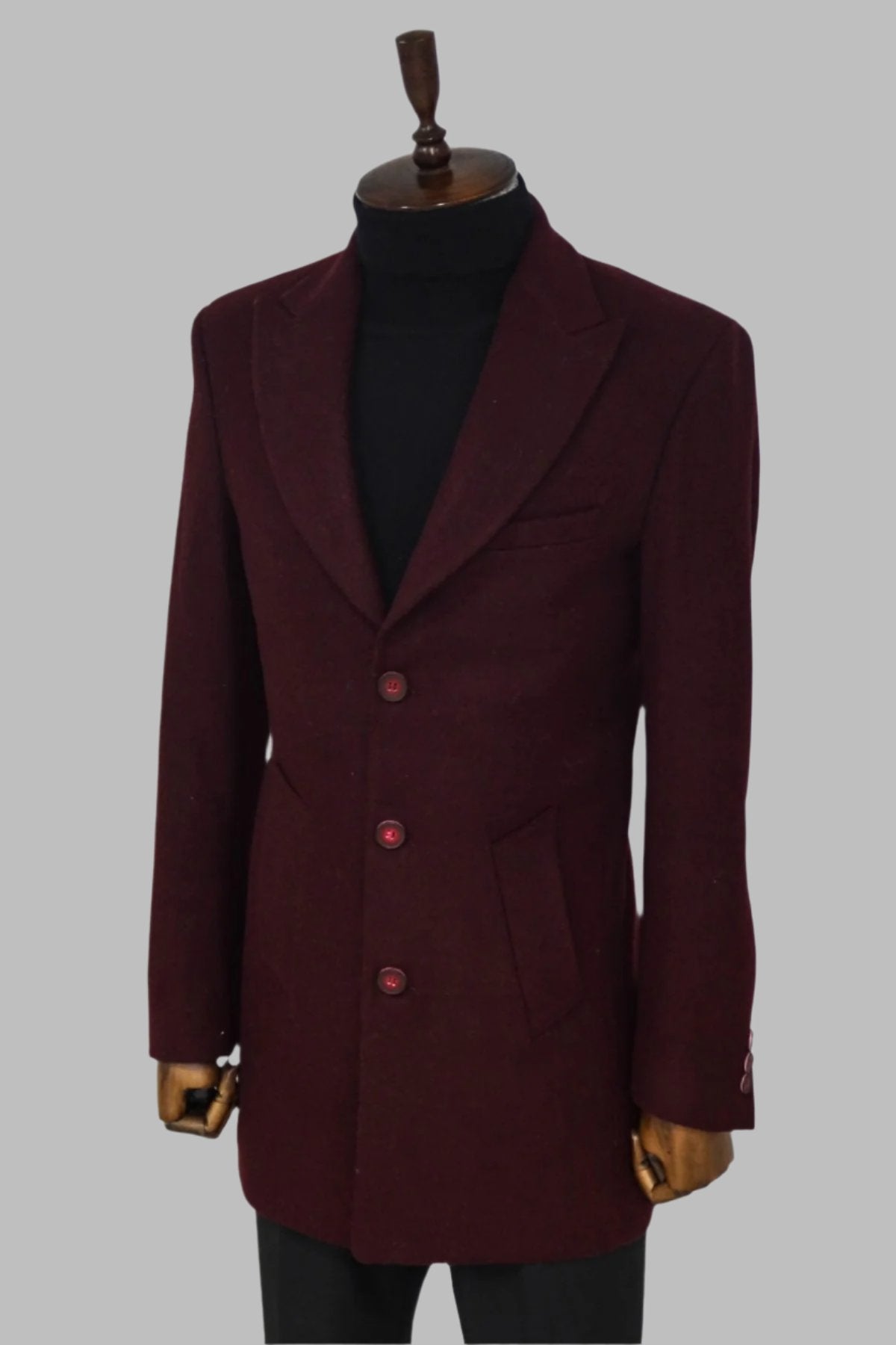 Wide Lapel Wool Burgundy Men Coat