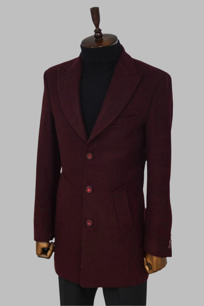 Wide Lapel Wool Burgundy Men Coat