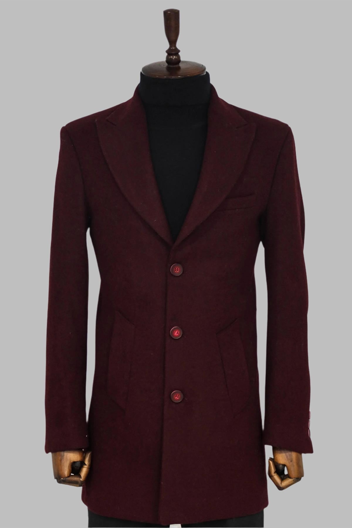 Wide Lapel Wool Burgundy Men Coat