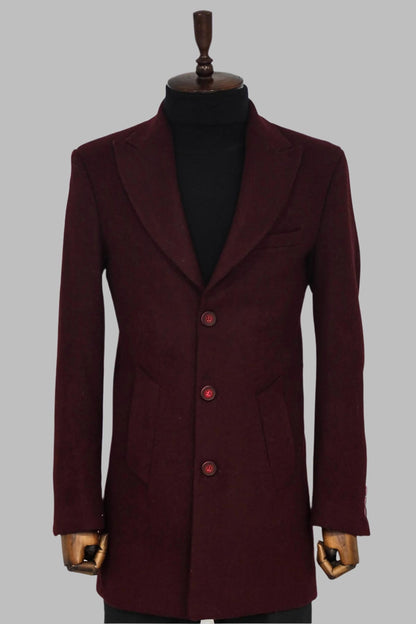 Wide Lapel Wool Burgundy Men Coat