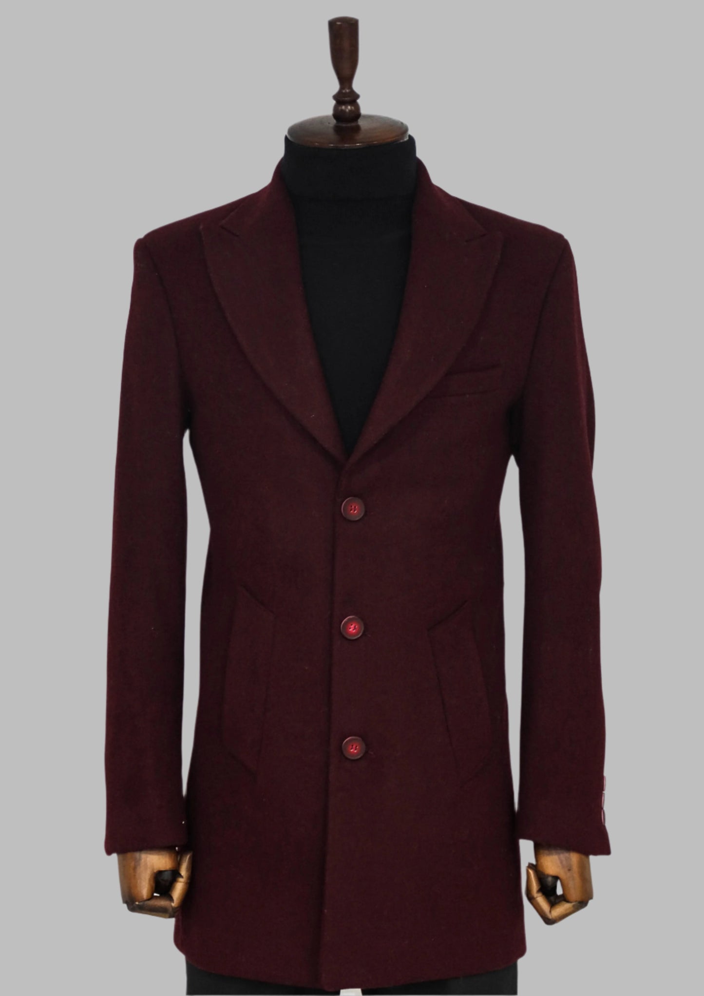 Burgundy Wool Coat, Knit Sweater, Scarf, Cap, and Patterned Trousers Combination - Noble Winter Style