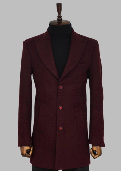 Burgundy Wool Coat, Knit Sweater, Scarf, Cap, and Patterned Trousers Combination - Noble Winter Style