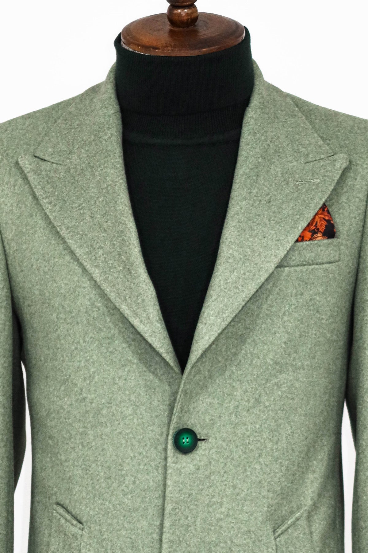 Wide Lapel Wool Oil Green Men Coat