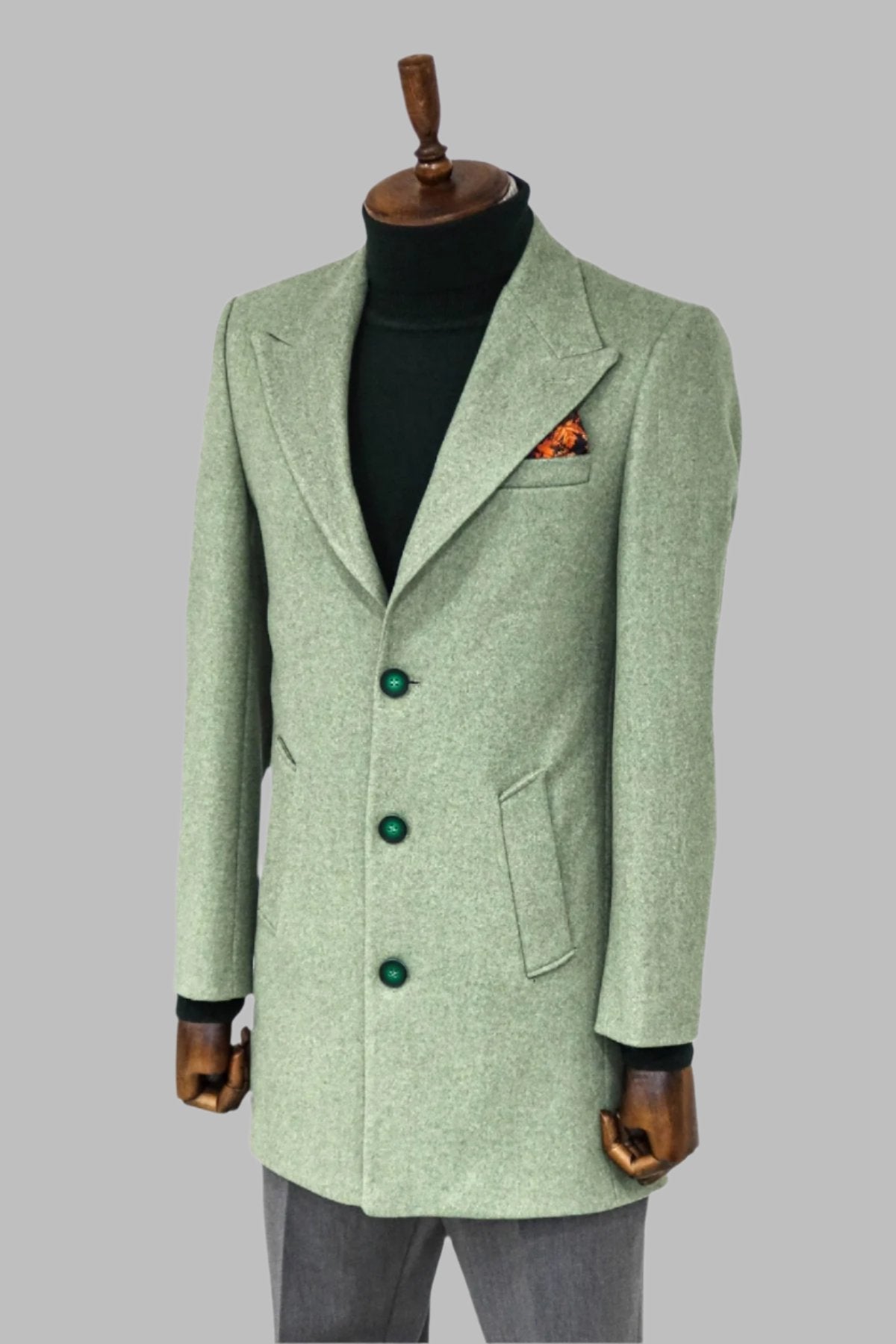 Wide Lapel Wool Oil Green Men Coat