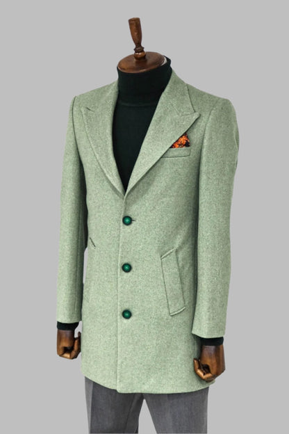 Wide Lapel Wool Oil Green Men Coat