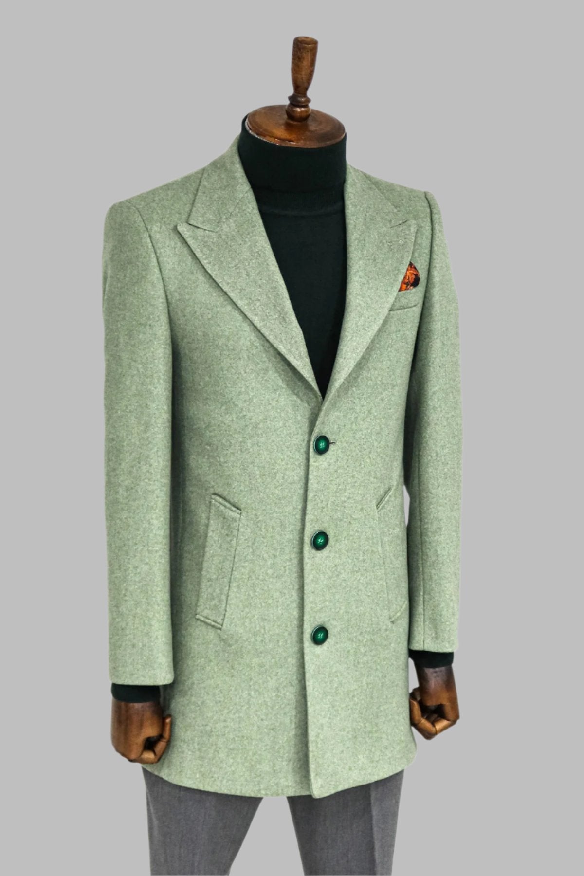 Wide Lapel Wool Oil Green Men Coat