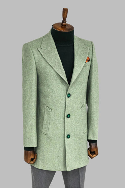 Wide Lapel Wool Oil Green Men Coat