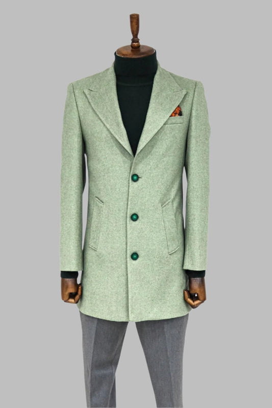 Wide Lapel Wool Oil Green Men Coat
