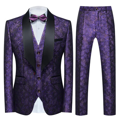 KOALA SYDNEY  Floral 3-Piece Men's Tuxedo Purple Wedding Suit Set