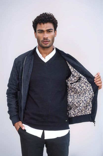 KOALA SYDNEY Flap Pockets Suede Dark Blue Men Bomber Coat