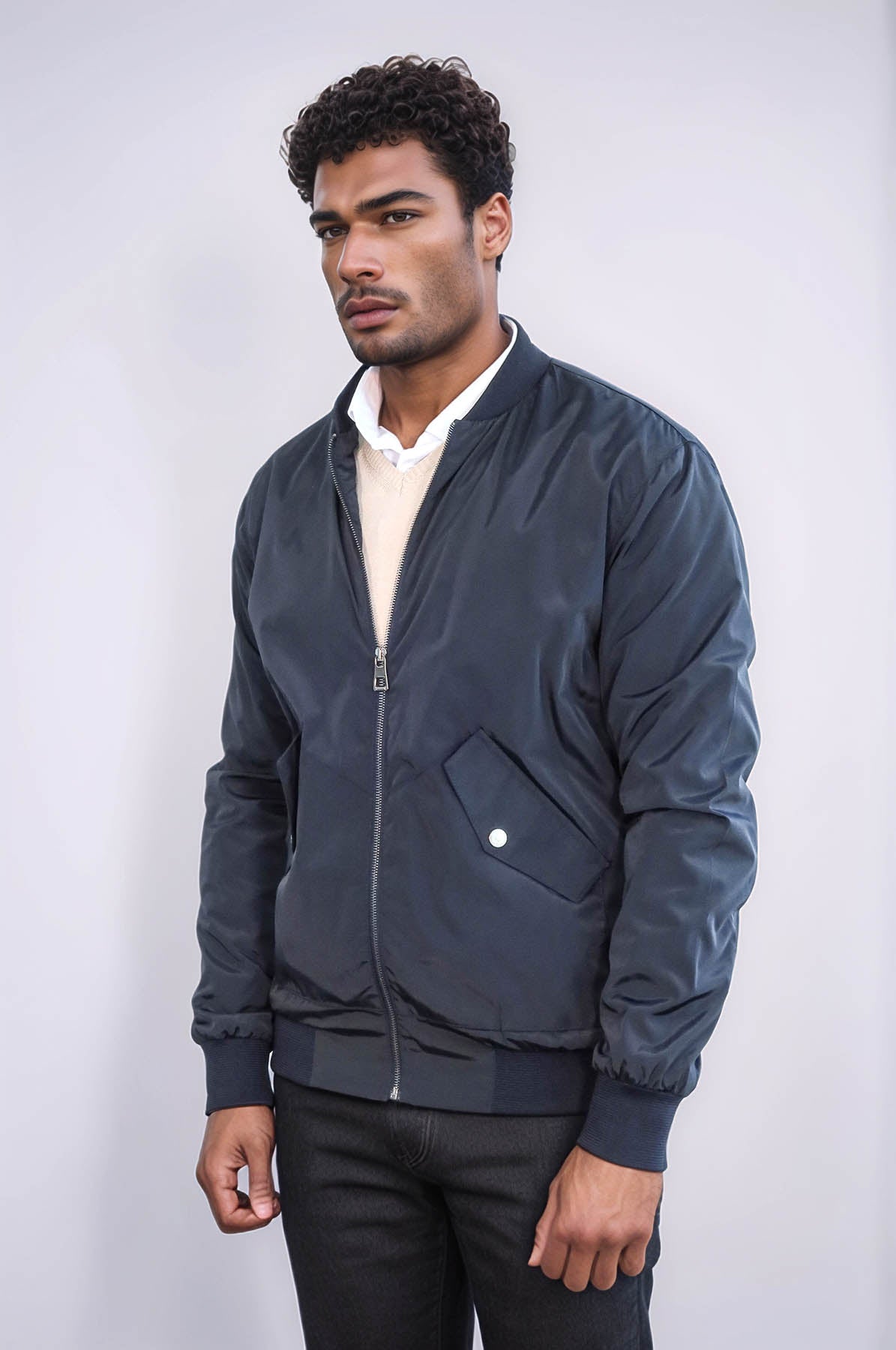 KOALA SYDNEY Zippered Flap Pockets Navy Blue Men Bomber Coat