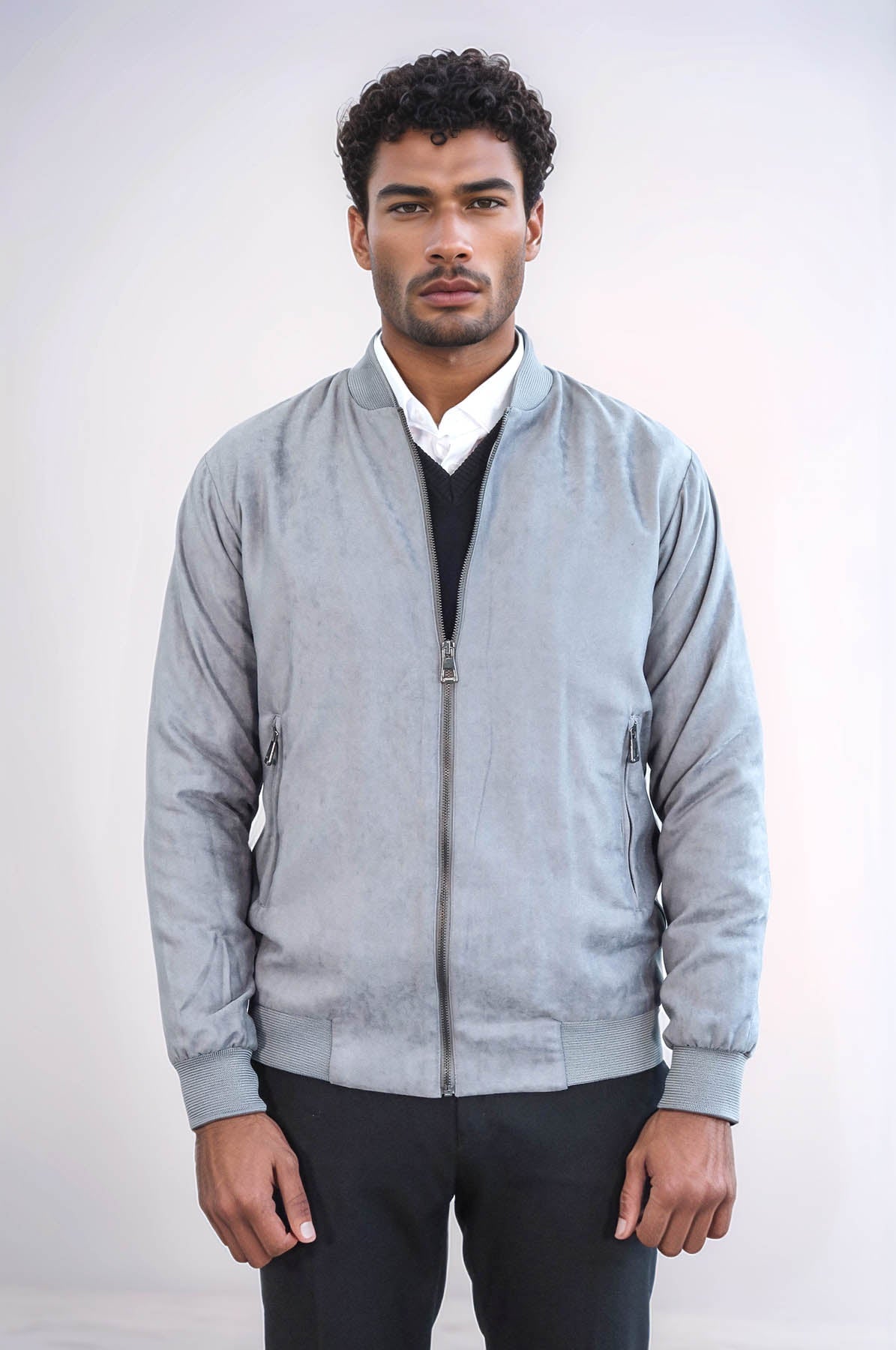Plain Zippered Pockets Grey Men Bomber Coat - Wessi