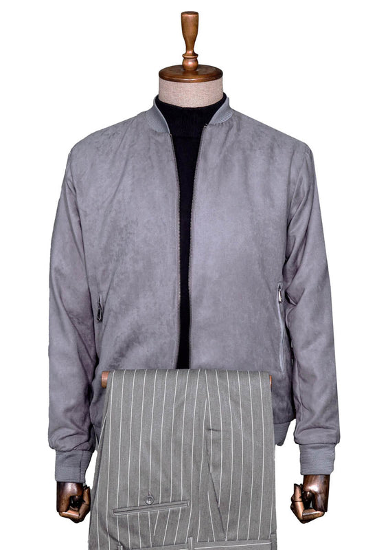 KOALA SYDNEY  Gray Bomber Jacket, Black Turtleneck Knitwear, and Gray Striped Trousers Look City Fashion