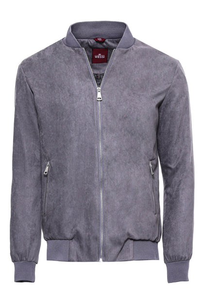 Gray Bomber Jacket, Black Turtleneck Knitwear, and Gray Striped Trousers Look City Fashion