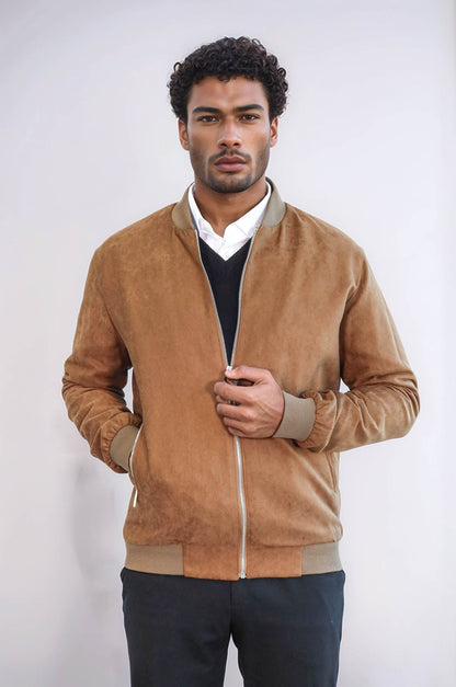 Plain Zippered Pockets Tan Men Bomber Coat - Wessi