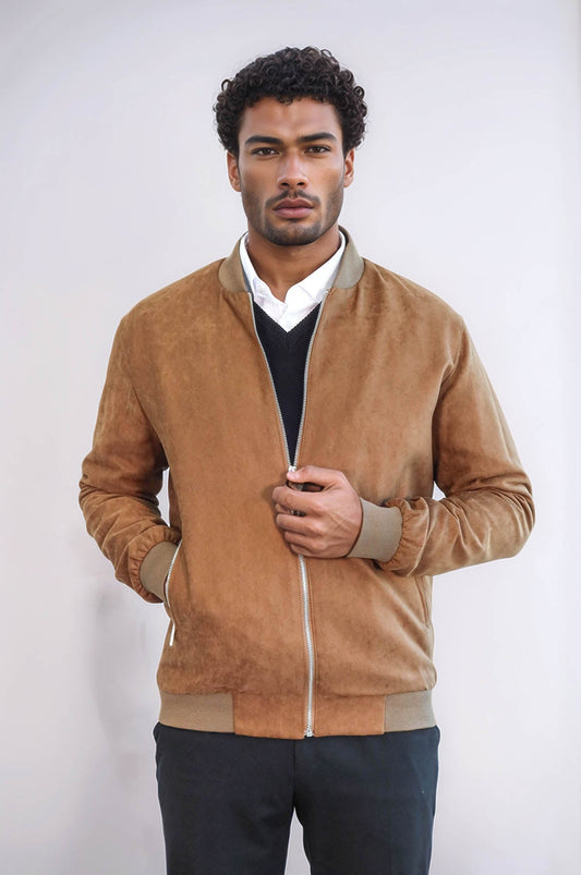Plain Zippered Pockets Tan Men Bomber Coat - Wessi
