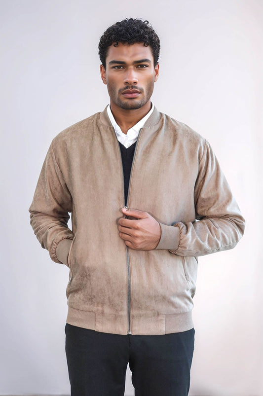 Plain Zippered Pockets Cream Men Bomber Coat - Wessi
