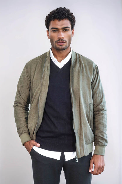 Plain Zippered Pockets Light Green Men Bomber Coat - Wessi