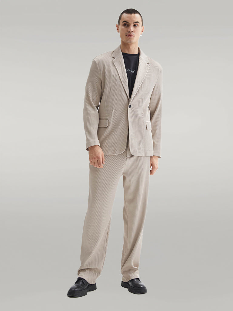Men's Beige Ribbed Textured Oversize Suit - Wessi