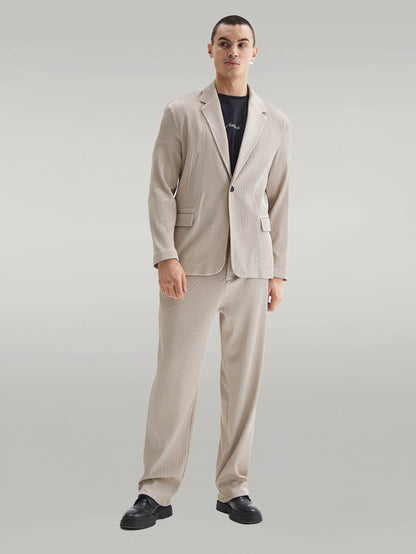 Men's Beige Ribbed Textured Oversize Suit - Wessi