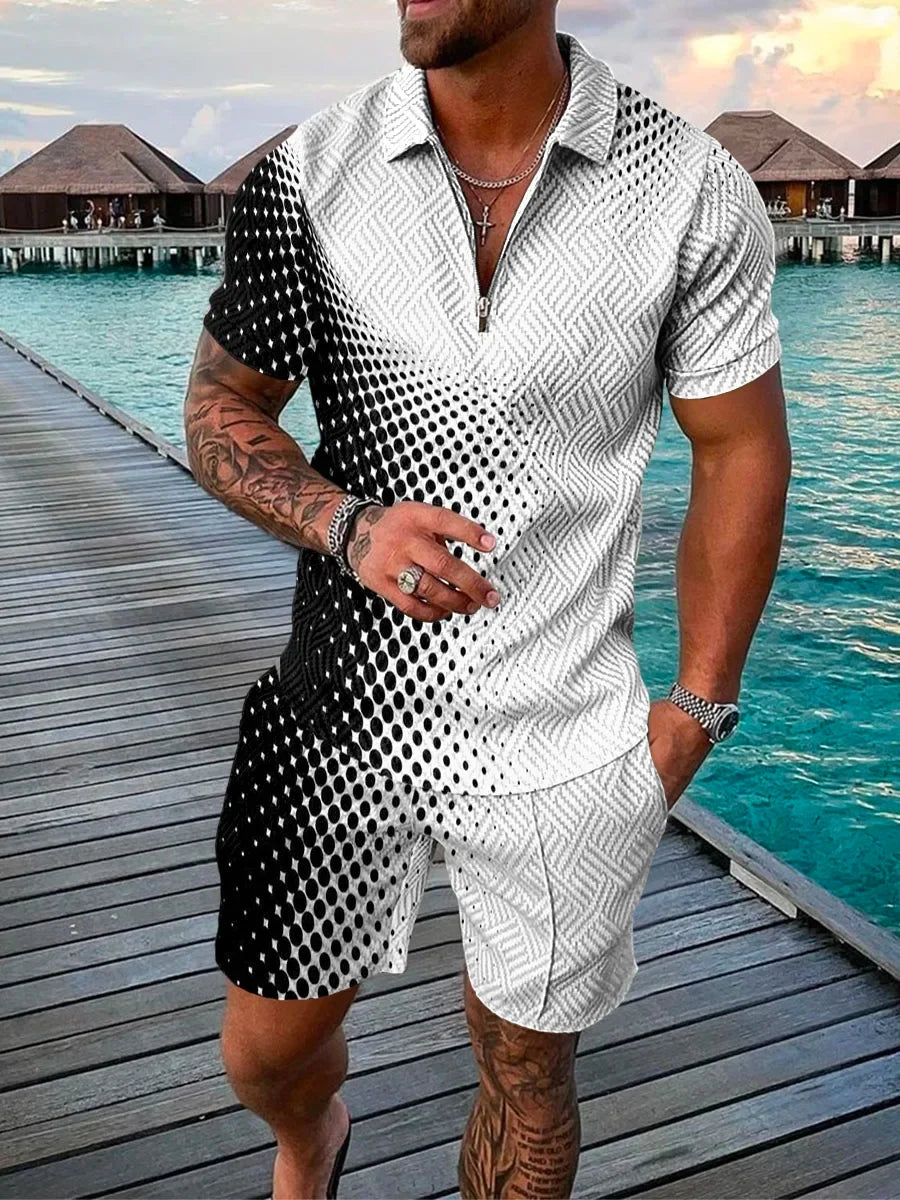  Funny 3D Polka Dot Zip Polo & Shorts Set for Men