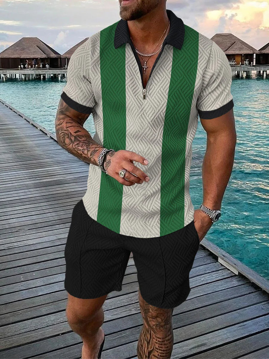 Men’s 3D Stripe Print Zip Polo Shirt &amp; Shorts Set