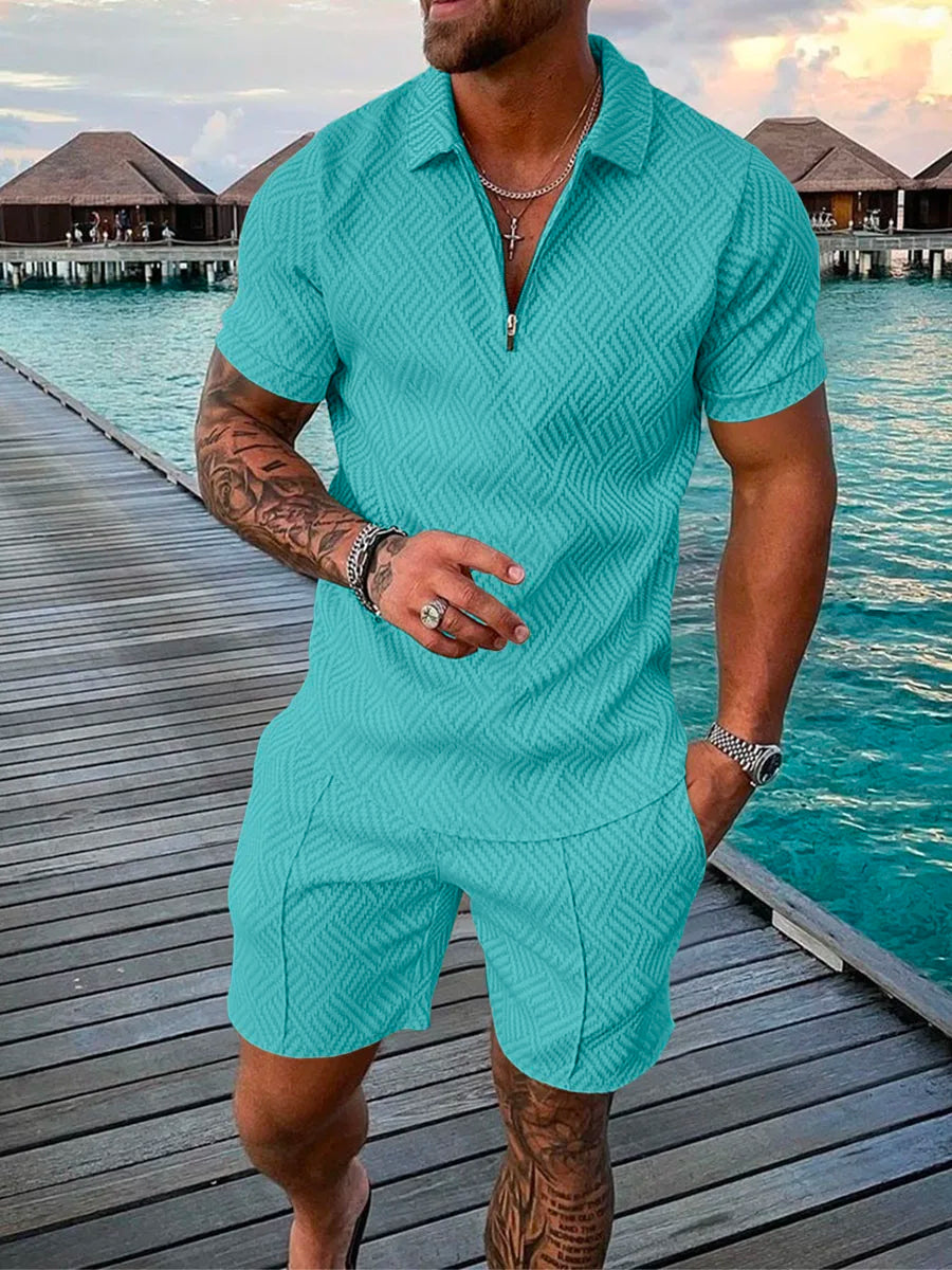  Funny 3D Polka Dot Zip Polo & Shorts Set for Men