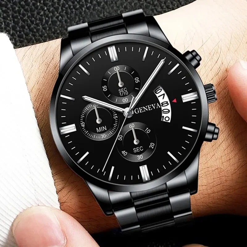 Black Stainless Steel Business Watch with Calendar & Date Display for Men