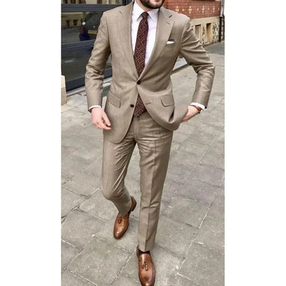 Men’s Slim Fit Khaki Suit – 2-Piece Summer Outfit with Notch Lapel Blazer & Pants
