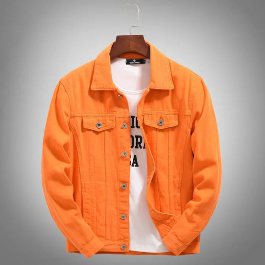 Men’s Trendy Orange Multi-Pocket Denim Jacket