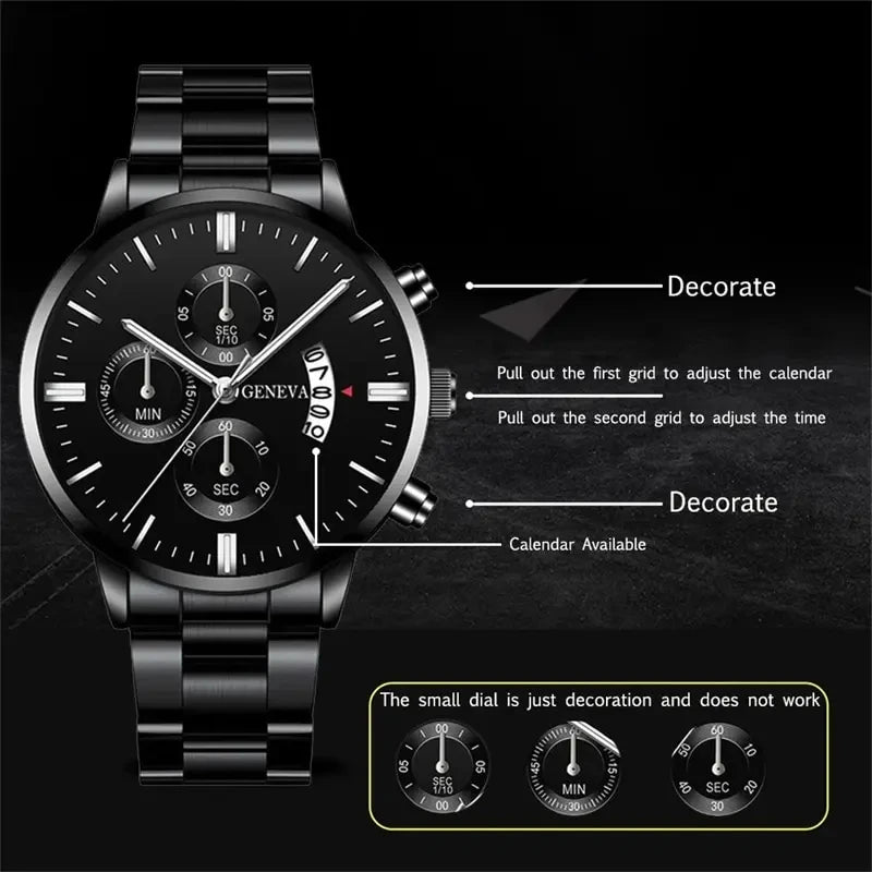 Black Stainless Steel Business Watch with Calendar & Date Display for Men