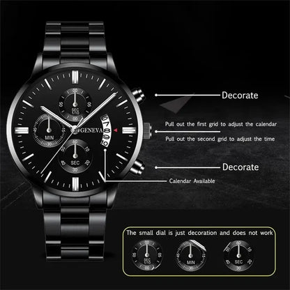 Black Stainless Steel Business Watch with Calendar & Date Display for Men